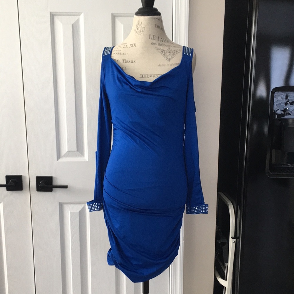 CHICME Royal Blue Long Sleeve Rhinestone-Trim Dress